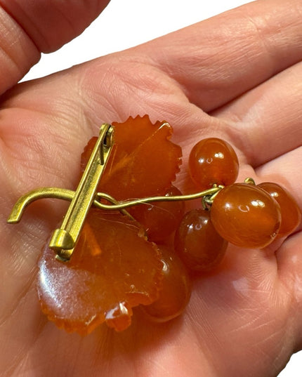 Vintage USSR honey amber brooch gold plt grapes