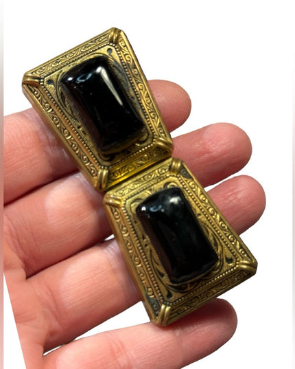 Antique large brass & black glass fancy ornate art deco collar brooch