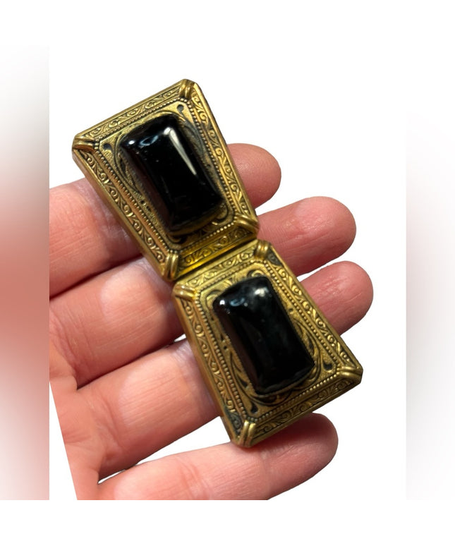 Antique large brass & black glass fancy ornate art deco collar brooch