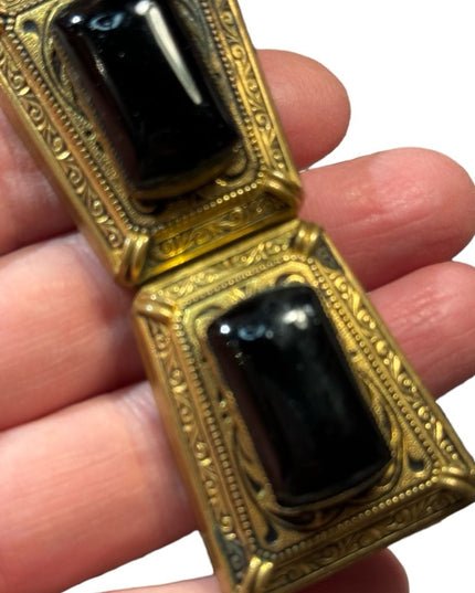 Antique large brass & black glass fancy ornate art deco collar brooch