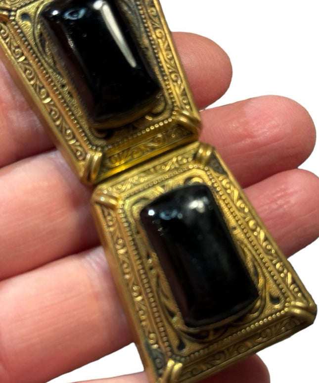 Antique large brass & black glass fancy ornate art deco collar brooch