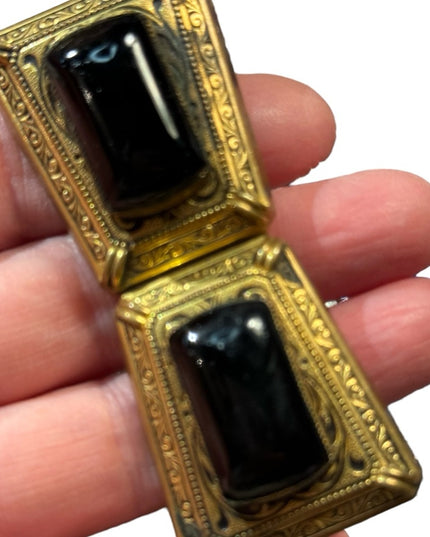 Antique large brass & black glass fancy ornate art deco collar brooch