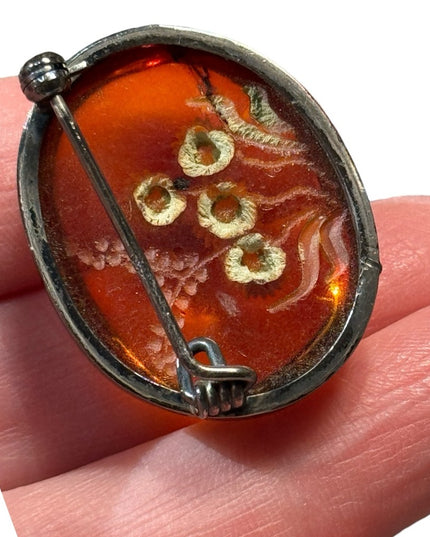 Antique handmade carved flowers encased in amber  fancy silver import