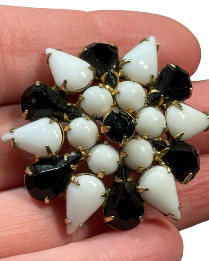 Vintage 1950s black & white gold finish Austria starburst brooch