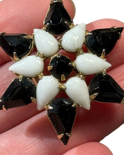 Vintage 1950s black & white gold finish Austria starburst brooch