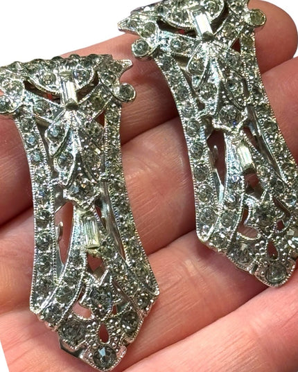 Antique rhodium plated rhinstone crystal art deco shoe fur clip set