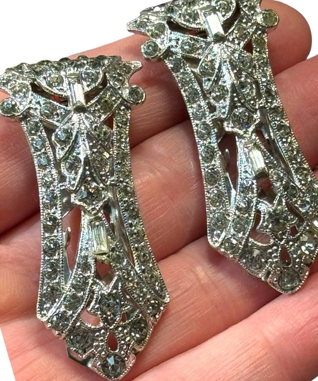 Antique rhodium plated rhinstone crystal art deco shoe fur clip set