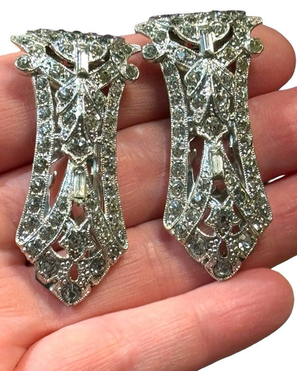 Antique rhodium plated rhinstone crystal art deco shoe fur clip set