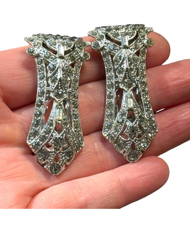Antique rhodium plated rhinstone crystal art deco shoe fur clip set