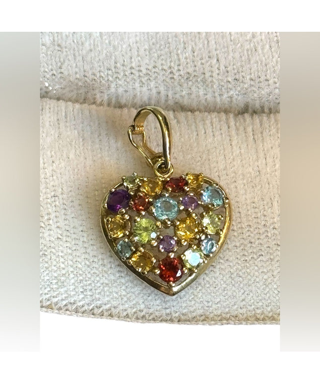 10k Gold Multi Gemstone latched locking Heart pendant