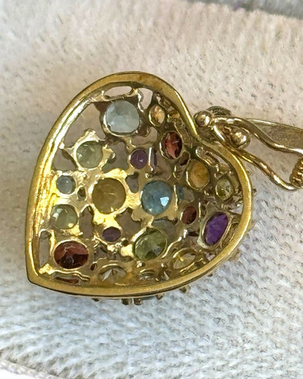 10k Gold Multi Gemstone latched locking Heart pendant