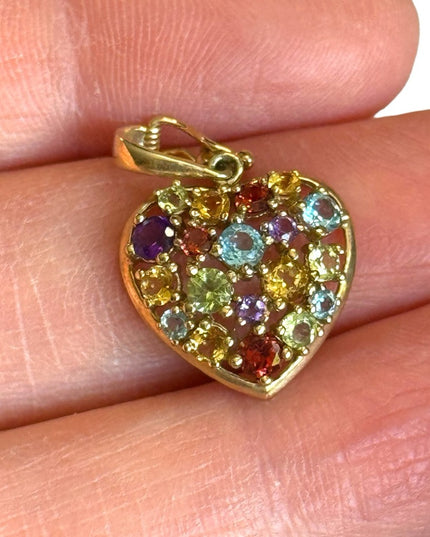 10k Gold Multi Gemstone latched locking Heart pendant