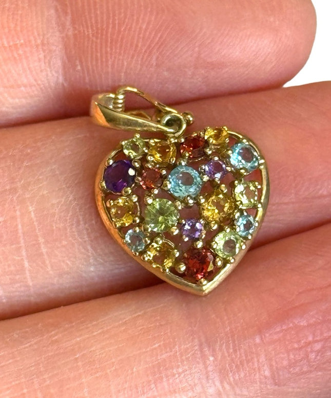 10k Gold Multi Gemstone latched locking Heart pendant