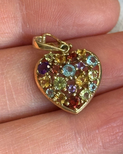 10k Gold Multi Gemstone latched locking Heart pendant