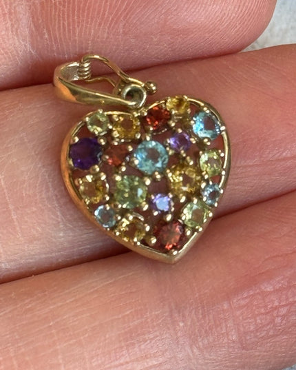 10k Gold Multi Gemstone latched locking Heart pendant