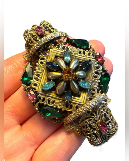 Antique Art Deco Large Filigree Brooch Czech Glass Multi Colored unique RARE