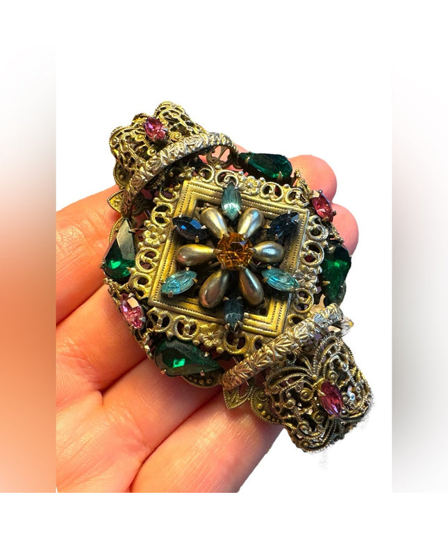 Antique Art Deco Large Filigree Brooch Czech Glass Multi Colored unique RARE