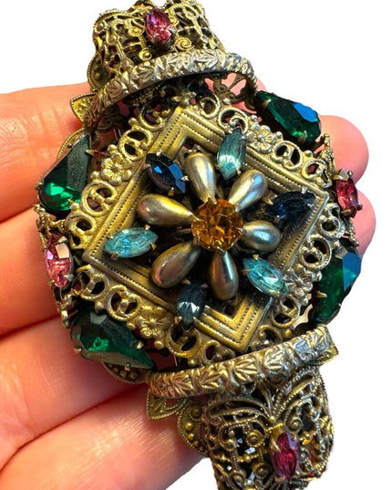 Antique Art Deco Large Filigree Brooch Czech Glass Multi Colored unique RARE