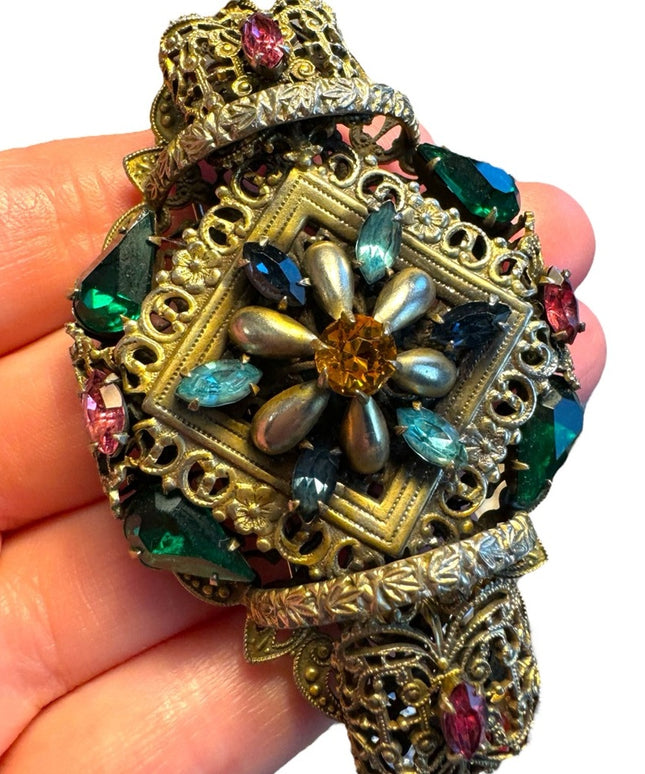 Antique Art Deco Large Filigree Brooch Czech Glass Multi Colored unique RARE