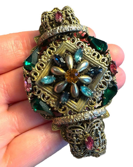 Antique Art Deco Large Filigree Brooch Czech Glass Multi Colored unique RARE