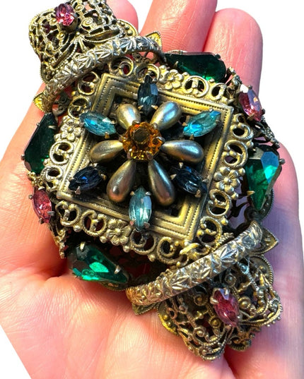 Antique Art Deco Large Filigree Brooch Czech Glass Multi Colored unique RARE