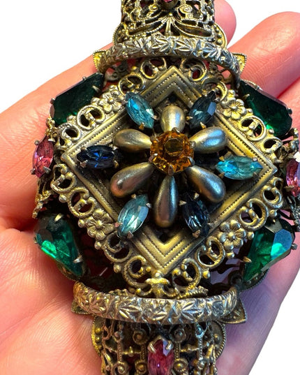 Antique Art Deco Large Filigree Brooch Czech Glass Multi Colored unique RARE