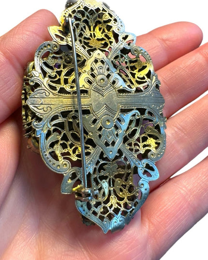 Antique Art Deco Large Filigree Brooch Czech Glass Multi Colored unique RARE