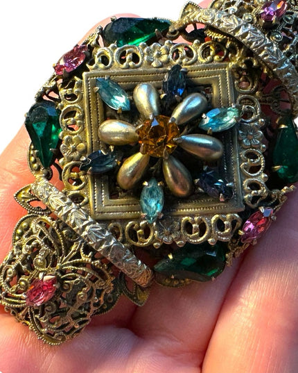 Antique Art Deco Large Filigree Brooch Czech Glass Multi Colored unique RARE