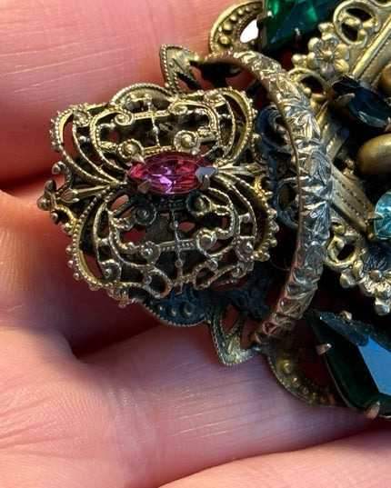 Antique Art Deco Large Filigree Brooch Czech Glass Multi Colored unique RARE