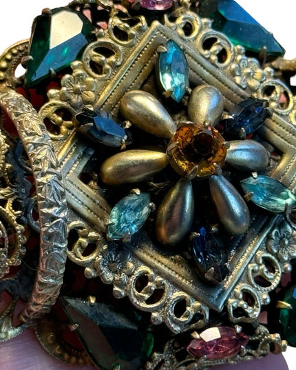 Antique Art Deco Large Filigree Brooch Czech Glass Multi Colored unique RARE
