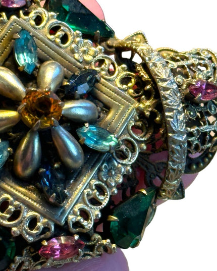 Antique Art Deco Large Filigree Brooch Czech Glass Multi Colored unique RARE