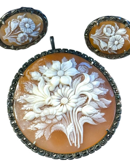 Antique carved shell cameo flowers bouquet brooch pendant earrings Deco 1920s