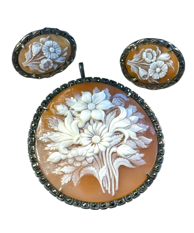 Antique carved shell cameo flowers bouquet brooch pendant earrings Deco 1920s