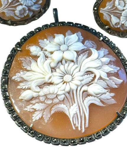 Antique carved shell cameo flowers bouquet brooch pendant earrings Deco 1920s