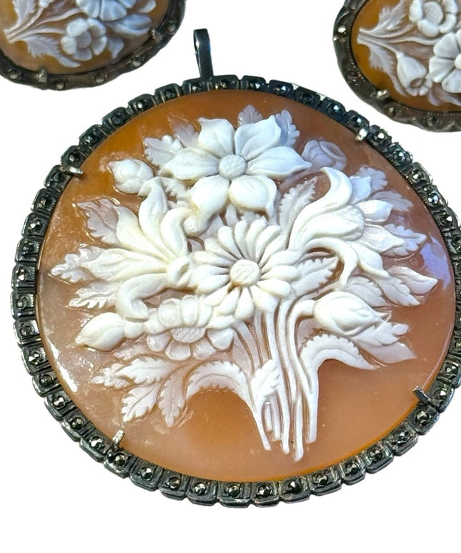Antique carved shell cameo flowers bouquet brooch pendant earrings Deco 1920s