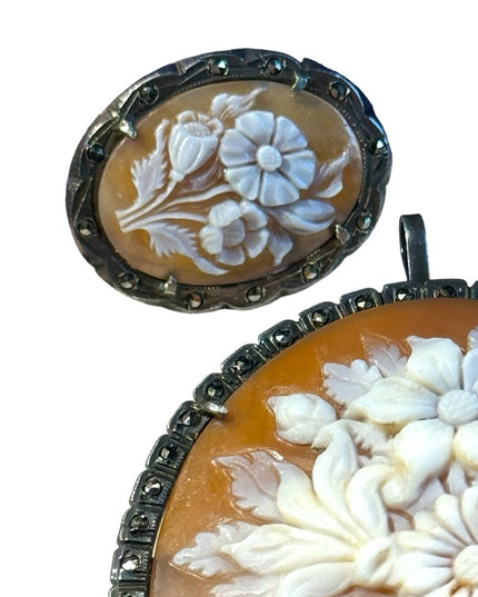 Antique carved shell cameo flowers bouquet brooch pendant earrings Deco 1920s