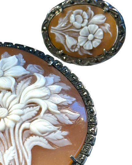Antique carved shell cameo flowers bouquet brooch pendant earrings Deco 1920s