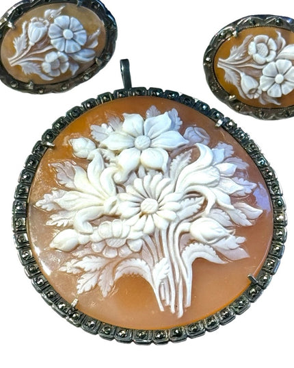 Antique carved shell cameo flowers bouquet brooch pendant earrings Deco 1920s