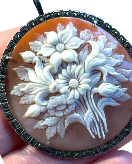 Antique carved shell cameo flowers bouquet brooch pendant earrings Deco 1920s