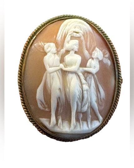 Antique 3 graces brassy gold finish large carved shell cameo brooch