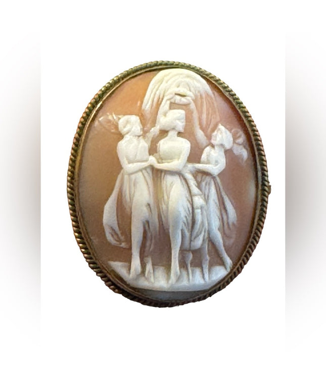 Antique 3 graces brassy gold finish large carved shell cameo brooch