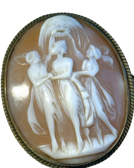 Antique 3 graces brassy gold finish large carved shell cameo brooch