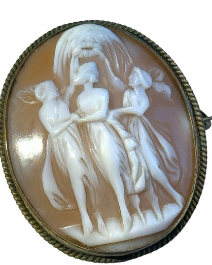 Antique 3 graces brassy gold finish large carved shell cameo brooch