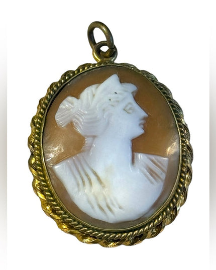 Antique gold finish brassy hand carved shell cameo pendant