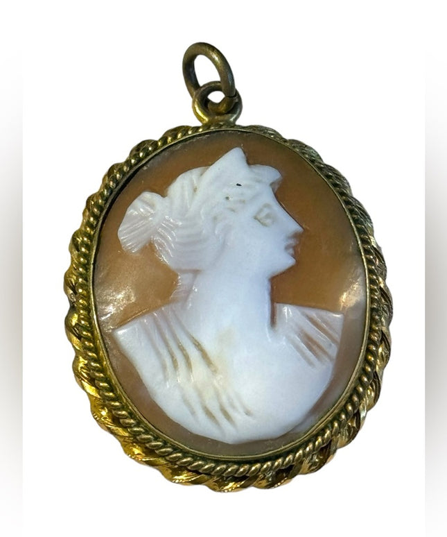 Antique gold finish brassy hand carved shell cameo pendant