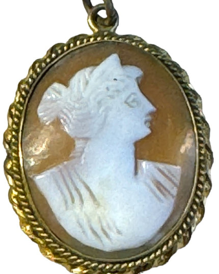 Antique gold finish brassy hand carved shell cameo pendant