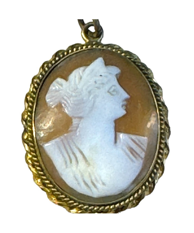 Antique gold finish brassy hand carved shell cameo pendant