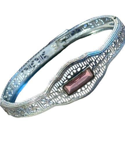 Antique silver filagree purple paste glass art deco 1920s hinged bracelet