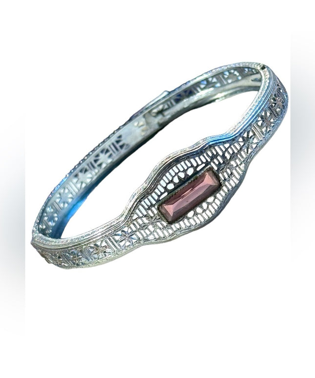 Antique silver filagree purple paste glass art deco 1920s hinged bracelet
