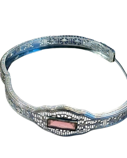 Antique silver filagree purple paste glass art deco 1920s hinged bracelet